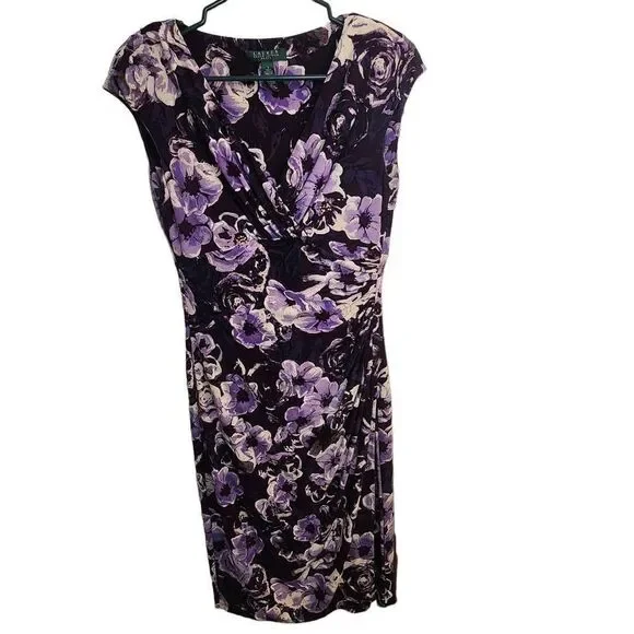 Lauren Ralph Lauren Dress Purple FloralRuched Plunging V Neck Cap Sleeve  Size